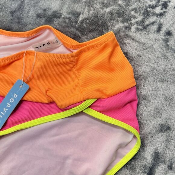 POPVIL Sz L High Waisted Bikini Bottom Neon Color Block Pink Yellow Orange NWT - Picture 4 of 10